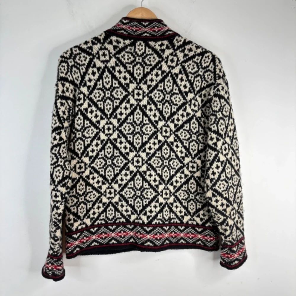 VTG LL Bean Wool Fair Isle Cardigan S Nordic Black Cream Red Cottage Made in USA